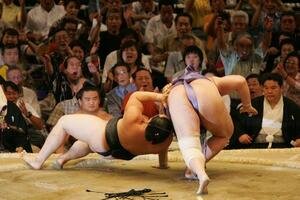 朝青龍(左)は琴ノ若の上手投げを、裏返しになりながら、まわしにしがみついて残し同体とする(04年07月撮影)