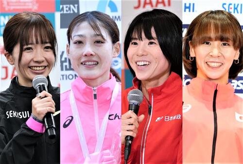 名古屋ウィメンズマラソンに出場する、左から佐藤早也伽、前田穂南、鈴木亜由子、安藤友香