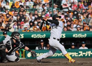 阪神対巨人　8回裏阪神1死、嶋村は右越え本塁打を放つ(撮影･宮崎幸一)