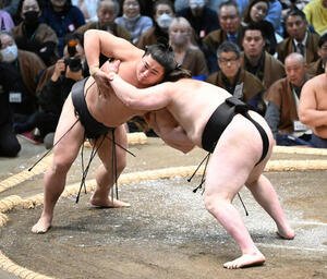 安青錦(右)は寄り切りで若元春を破る(撮影･和賀正仁)