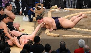 安青錦(左)を寄り倒しで破る義ノ富士