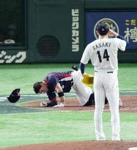 23年3月11日、佐々木から足に死球を受け倒れ込むチェコのエスカラ