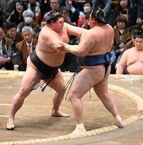 玉鷲(右)を押し出しで破る正代(撮影･和賀正仁)