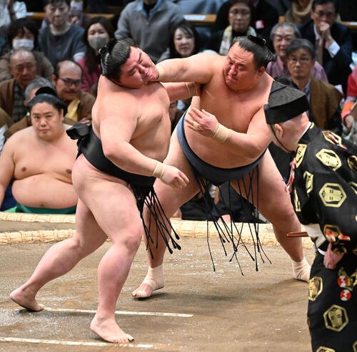 玉鷲(右)は正代を突っ張る(撮影･和賀正仁)