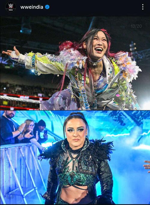 WWE･IC女子王座挑戦者決定ガントレット戦でライラ･バルキュリア(下)と対戦したイヨ･スカイ(WWEインド公式インスタグラムから)