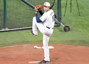 実戦形式の練習に登板する大谷翔平=米フロリダ州マイアミ