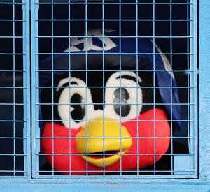 ヤクルト対オリックス　とりごやに姿を現すつば九郎(撮影･宮地輝)