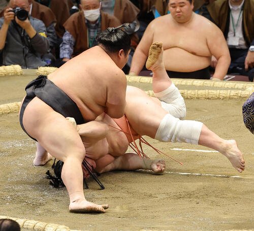 宇良は伯乃富士に上手投げで敗れる(撮影･上田博志)