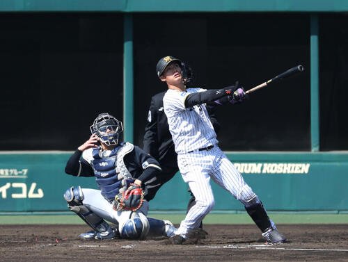 ファーム･リーグ西地区阪神対オリックス　3回裏阪神2死一塁、西純は左翼に大飛球を放つ(撮影･白石智彦)