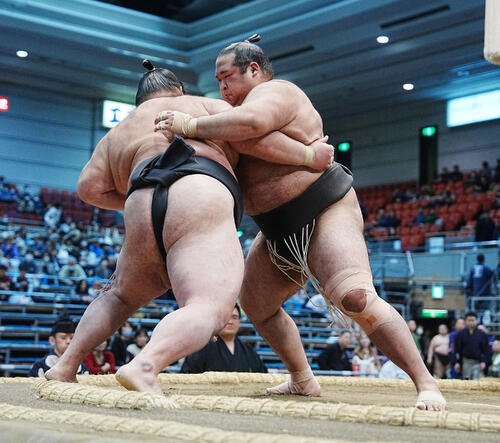 欧勝竜(左)を土俵際へ攻め込む生田目(撮影･小沢裕)