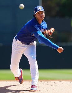 ドジャース対ジャイアンツ　力投するドジャース先発の大谷(撮影･垰建太)
