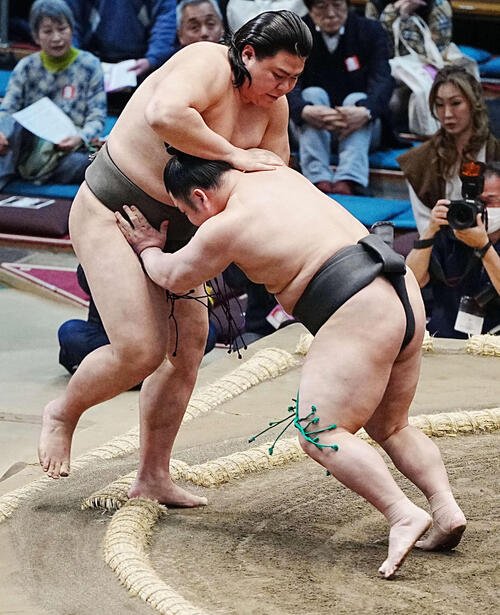 可貴(左)は花の富士に寄り切りで敗れる(撮影･小沢裕)