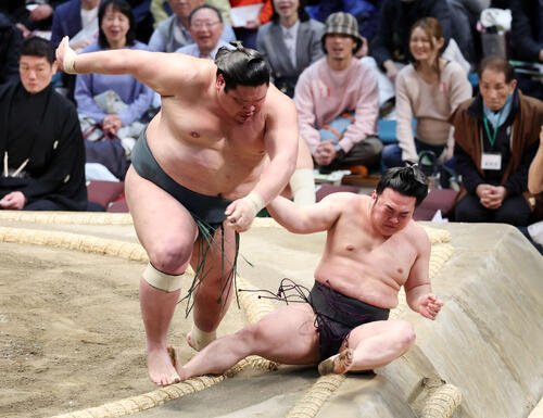 錦木(左)に押し倒しで敗れる炎鵬(撮影･鈴木正人)　