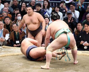 豊昇龍(中央)が琴桜に外掛けで敗れ霧島が優勝(撮影･鈴木正人)　