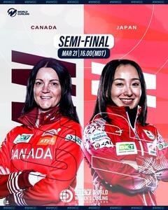 日本の藤沢五月とカナダのケリー･エイナーソンが並び準決勝のカードを伝えるワールド･カーリングのインスタグラム