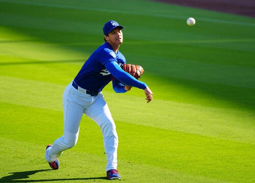 ドジャース対エンゼルス　試合前投球練習を行うドジャース大谷(撮影･垰建太)