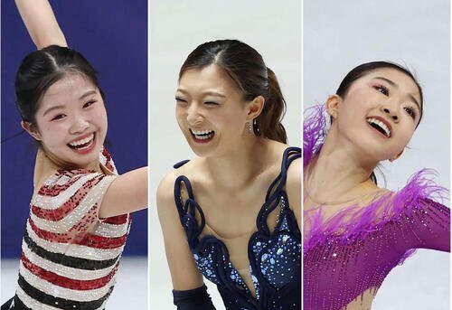 世界選手権女子SPに出場する、左から中井亜美、坂本花織、千葉百音