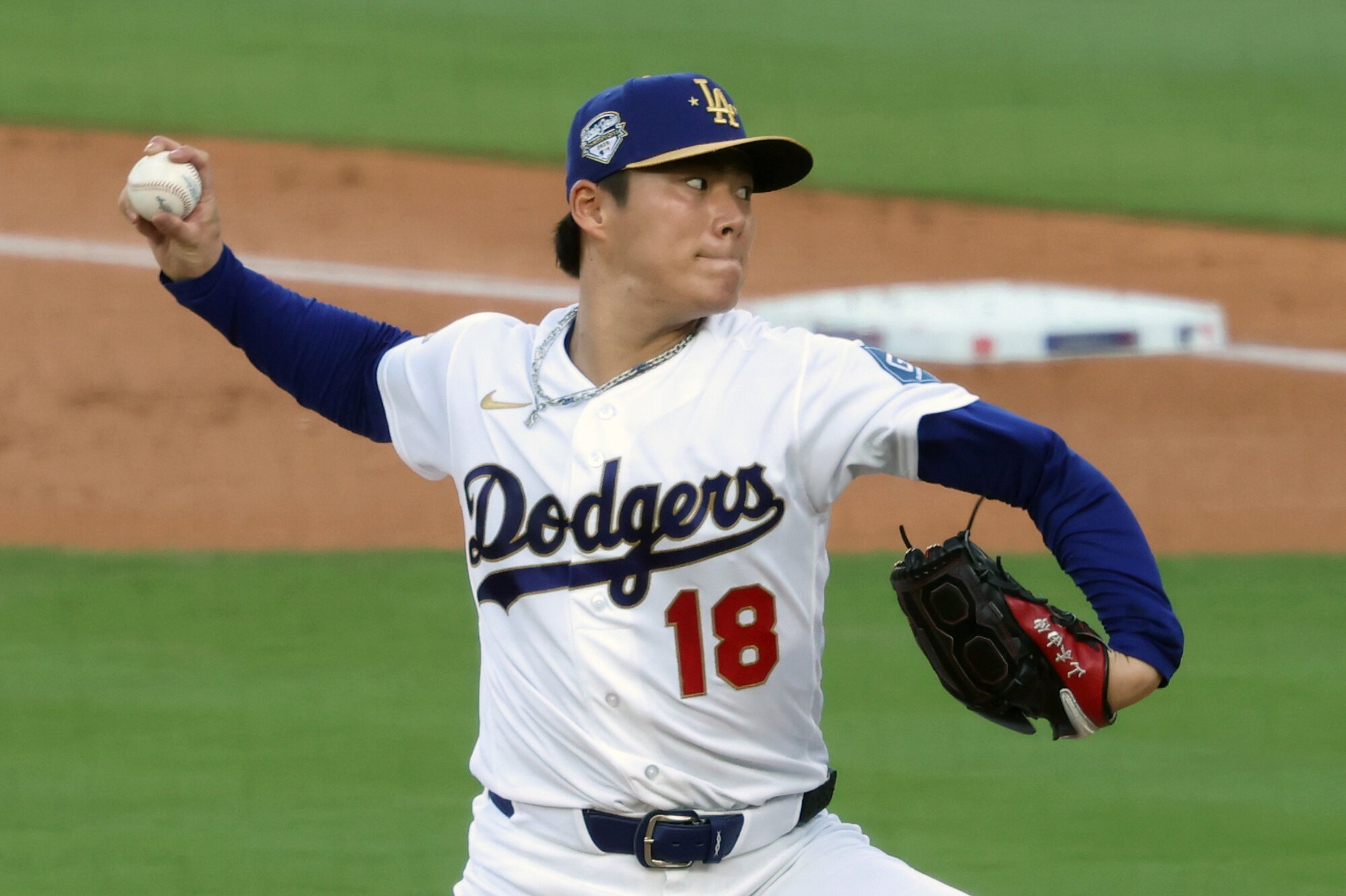 開幕戦に先発したドジャースの山本由伸=金居達朗撮影