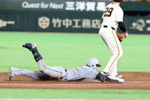 巨人対阪神　8回表阪神2死二、三塁、木浪は適時内野安打を放ち一塁ヘッドスライティング(撮影･浅見桂子)