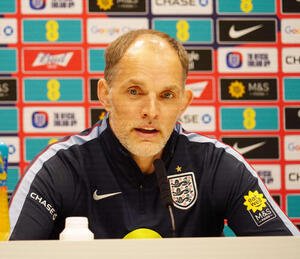 日本代表戦に向けた前日の公式会見に出席したイングランド代表のトゥヘル監督(撮影･佐藤成)