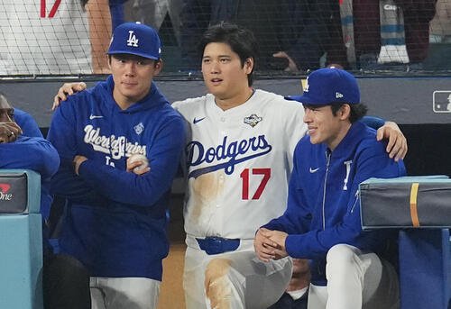 ドジャース山本由伸、大谷翔平、佐々木朗希(2025年10月撮影)