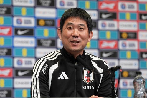 イングランド戦を前に記者会見する森保監督(撮影･パオロ　ヌッチ)