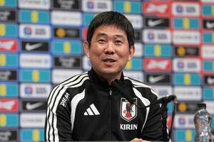 イングランド戦を前に記者会見する森保監督(撮影･パオロ　ヌッチ)