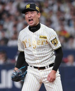 阪神対DeNA 9回表DeNA2死一、二塁、最後の打者を三振に打ち取った岩崎はさけぶ(撮影･西尾就之)