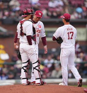 楽天対ソフトバンク　6回途中、楽天古謝(右)の交代を告げた三木監督(中央)(撮影･足立雅史)