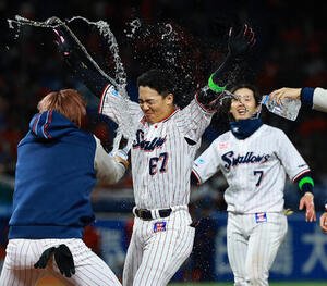 ヤクルト対広島　9回裏ヤクルト2死二、三塁、サヨナラ2点適時内野安打を放ち喜ぶ伊藤(撮影･野上伸悟)