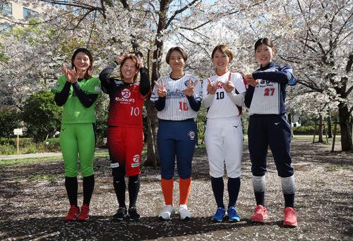 桜の下でポーズを決めるソフトボール女子JDリーグの、左から伊予銀行の辻井美波さん、ビックカメラ高崎の内藤実穂さん、日立の笠原朱里さん、ホンダの大川茉由さん、タカギ北九州の鹿野愛音さん(撮影･丹羽敏通)