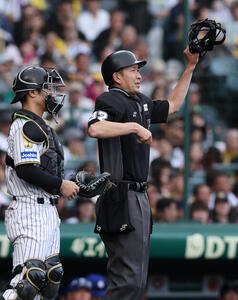 阪神対中日　ヘルメットを着用する原球審(撮影･前田充)