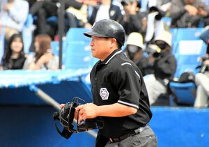 早大―法大でヘルメットを着用する山口球審