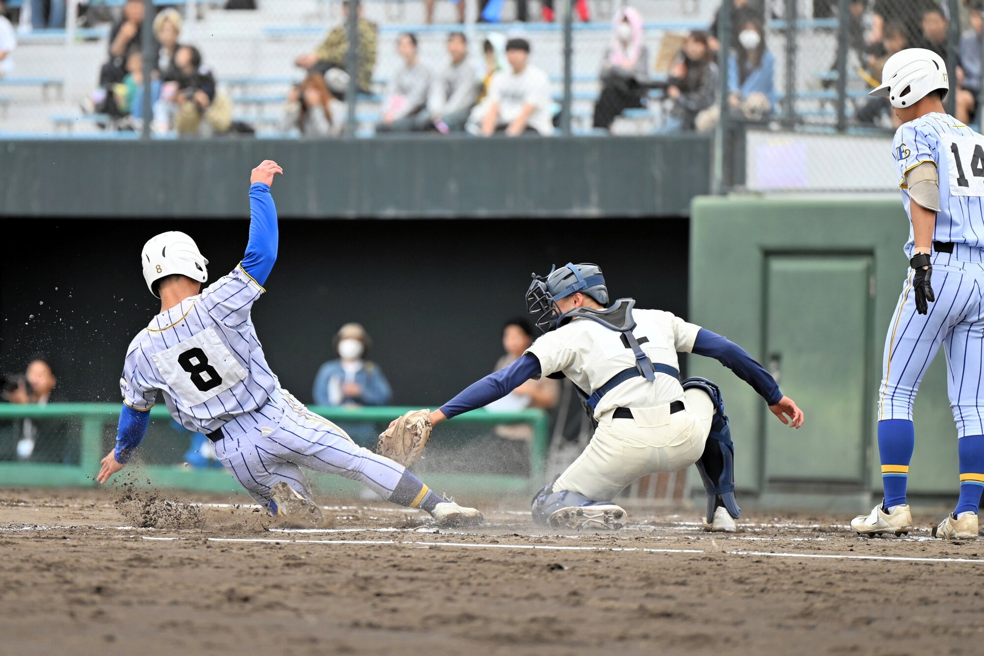 エナジック―鹿児島商　二回表2死三塁、エナジックスポーツ照屋の本盗を阻止=2026年4月25日午前10時14分、平和リース、大村久撮影