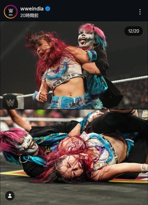 WWE女子インターコンチネンタル王座戦で敗れたイヨ･スカイ(上段左、下段右)を襲撃したアスカ(WWEインド公式インスタグラムから)