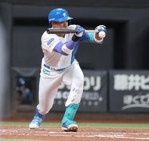 日本ハム対オリックス　4回裏日本ハム1死一、三塁、セーフティースクイズを決める万波中正(撮影･黒川智章)
