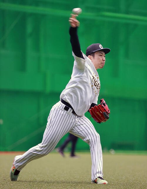 SGLスタジアムの室内でキャッチボールする阪神石井大智(撮影･上山淳一)