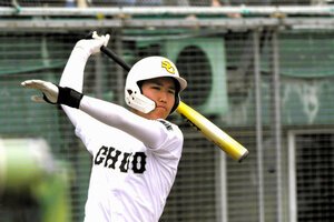 次打者席で素振りをする野津孝介選手=2026年5月2日午後0時24分、島根県江津市嘉久志町、高田純一撮影