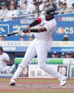 ロッテ対西武　1回裏ロッテ1死一、二塁、グレゴリー･ポランコは先制適時打を右前に放つ(撮影･小沢裕)