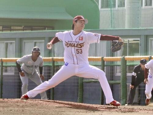 ファーム･リーグ楽天対ロッテ　マウンドに立つ3年目右腕･楽天坂井陽翔投手(撮影･高橋香奈)