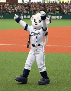 西武対ソフトバンク　この日、誕生日を迎えた西武マスコッのライナト(撮影･足立雅史)
