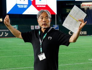 Xリーグプレミア　第1節　富士フイルム海老名対IBM　試合後の富士フイルム海老名朝倉孝雄ヘッドコーチ(2026年5月3日撮影)