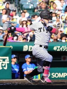 阪神対DeNA 6回裏阪神1死、佐藤輝明はソロ本塁打を放つ(撮影･上田博志)