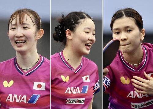 左から早田ひな、張本美和、橋本帆乃香(2026年4月撮影)