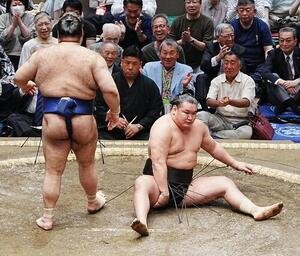 高安(左)に上手投げで敗れた豊昇龍は取組後に尻もちををつき、痛めたと思われる右太ももを手で押さえる(撮影･小沢裕)