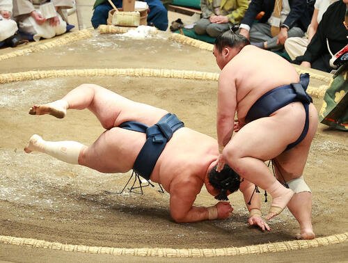 玉鷲(下)をはたき込みで破る藤凌駕(撮影･中島郁夫)