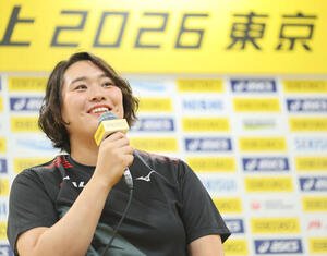 【セイコーゴールデングランプリ陸上2026東京】前日記者会見　会見する北口榛花　16日　MUFGスタジアム(国立競技場)　代表撮影