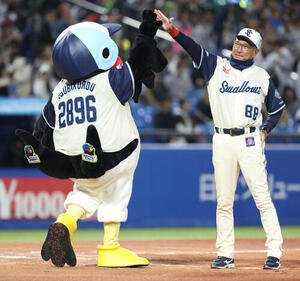 ヤクルト対巨人　巨人に勝利し、つば九郎(左)とハイタッチを交わすヤクルト池山隆寛監督(撮影･河田真司)