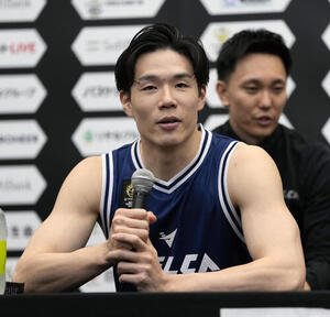 B1チャンピオンシップ決勝　長崎対琉球　前日記者会見に臨む長崎馬場雄大(撮影･小島史椰)＝2026年5月22日