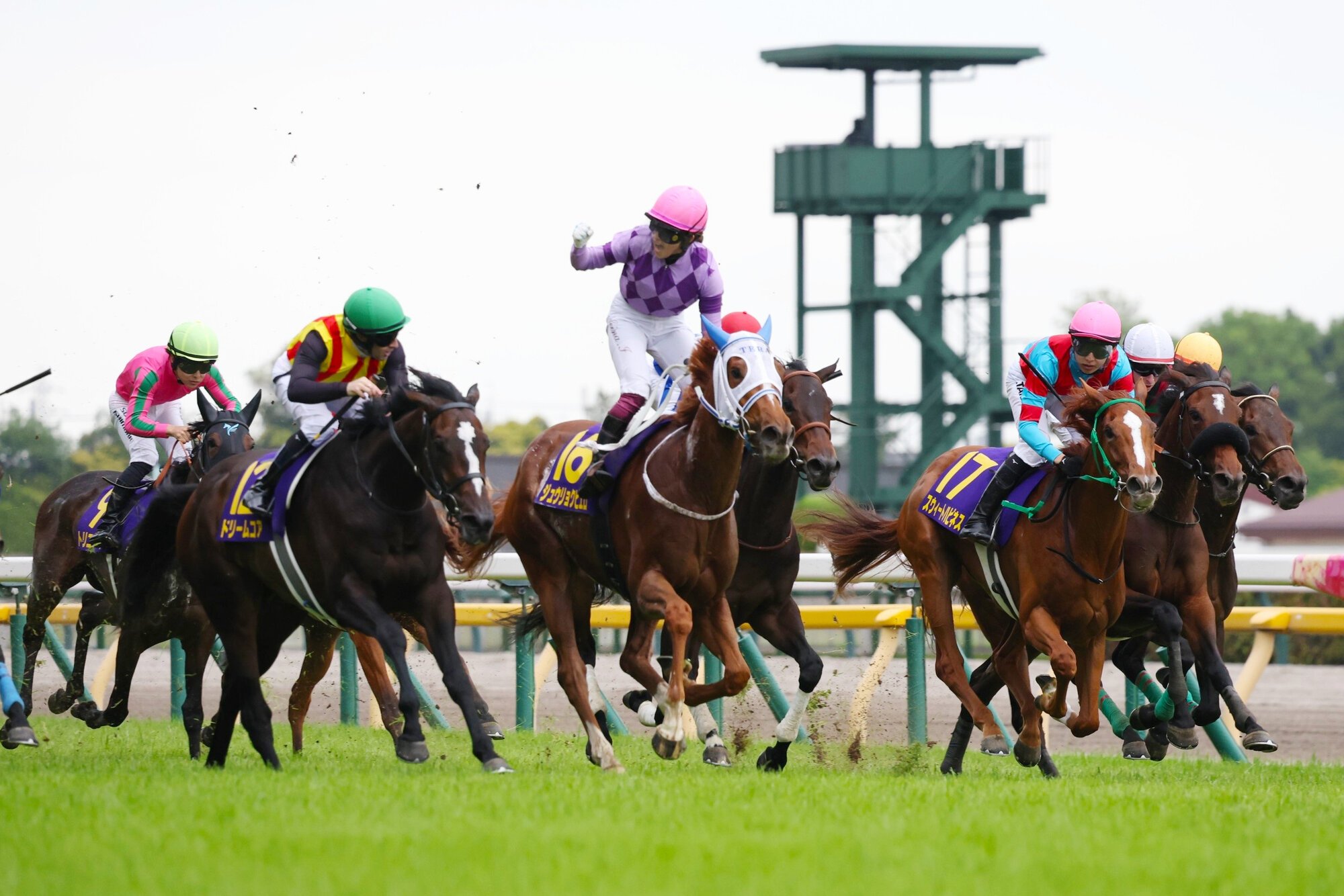 ジュウリョクピエロに騎乗し、オークスを制した今村聖奈騎手(中央)=2026年5月24日午後3時45分、東京都府中市、吉田耕一郎撮影